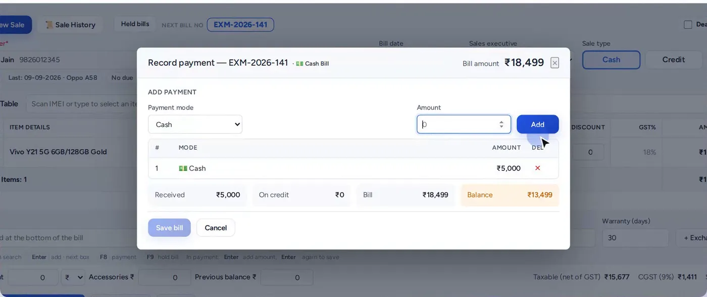 MobileOne billing — payment aur save (demo data)