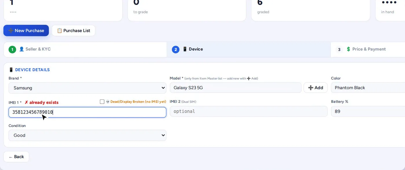 Buyback — IMEI already exists warning (demo data)