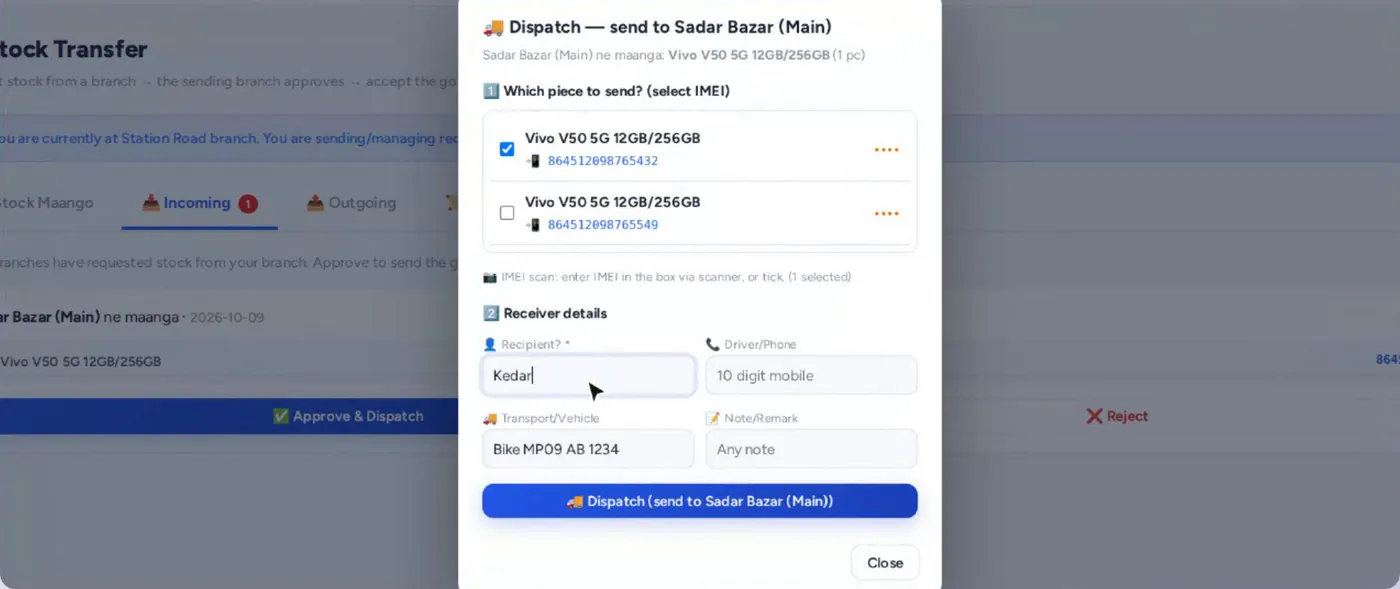 Stock transfer — IMEI select karke dispatch (demo data)
